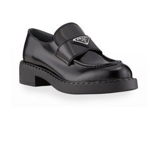 Prada Black Chocolate Leather Triangle Logo Loafers Size EU 40